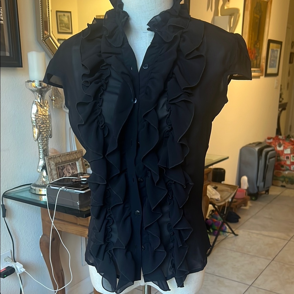 Elegant Black Ruffled Women's Button front short sleeve Top